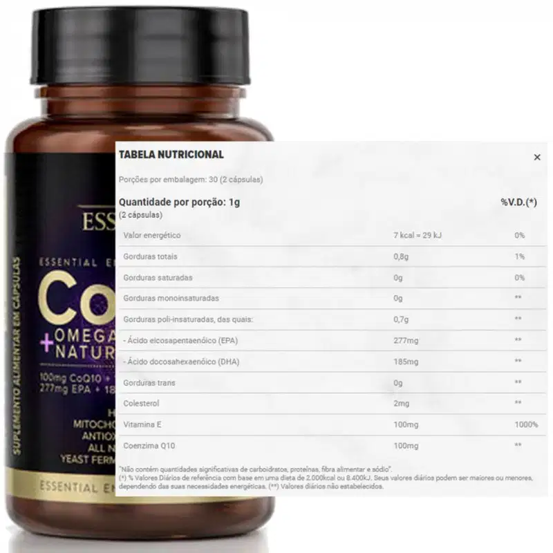 A imagem mostra o produto ao fundo e a tabela nutricional do produto.