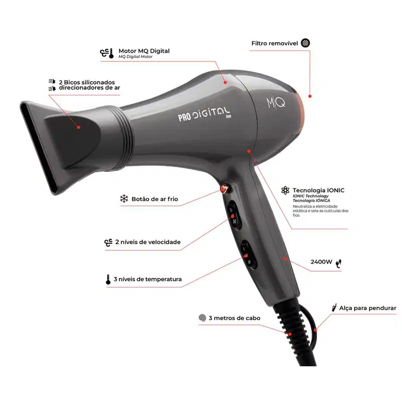 MQ Profissional Pro Digital Secador de Cabelo 2400W com 2 Velocidades Cinza 110V