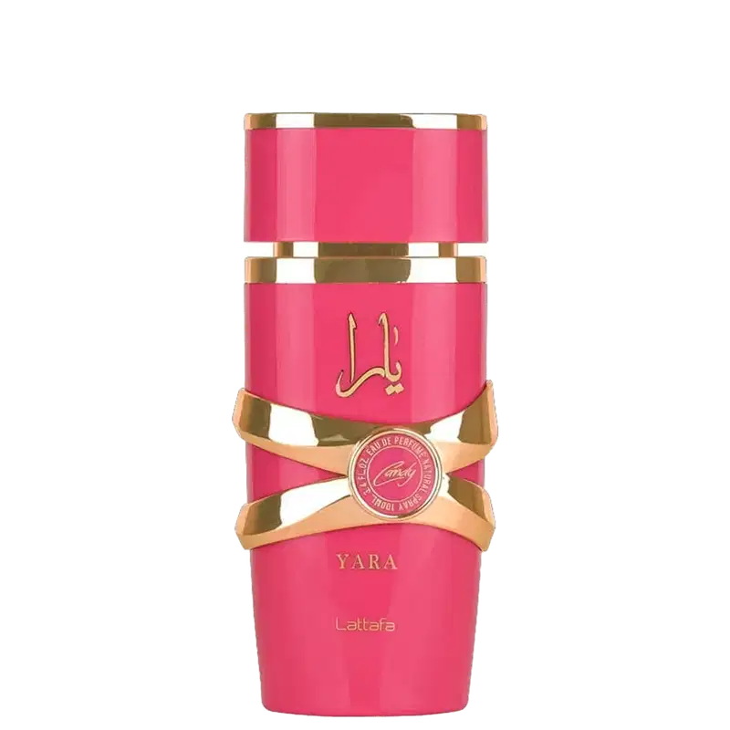 Frasco de perfume rosa da marca Lattafa Perfumes, com detalhes dourados na embalagem e rótulo com o nome "Yara". O produto possui uma tampa dourada e uma fita decorativa em tom dourado.