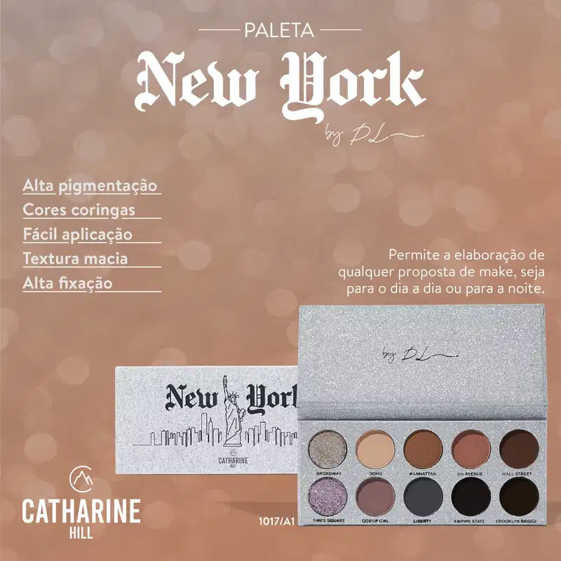 A imagem mostra a paleta de sombras aberta e fechada. Apresenta o logotipo e o nome "New York" e alguns benefícios da paleta listados em tom branco.