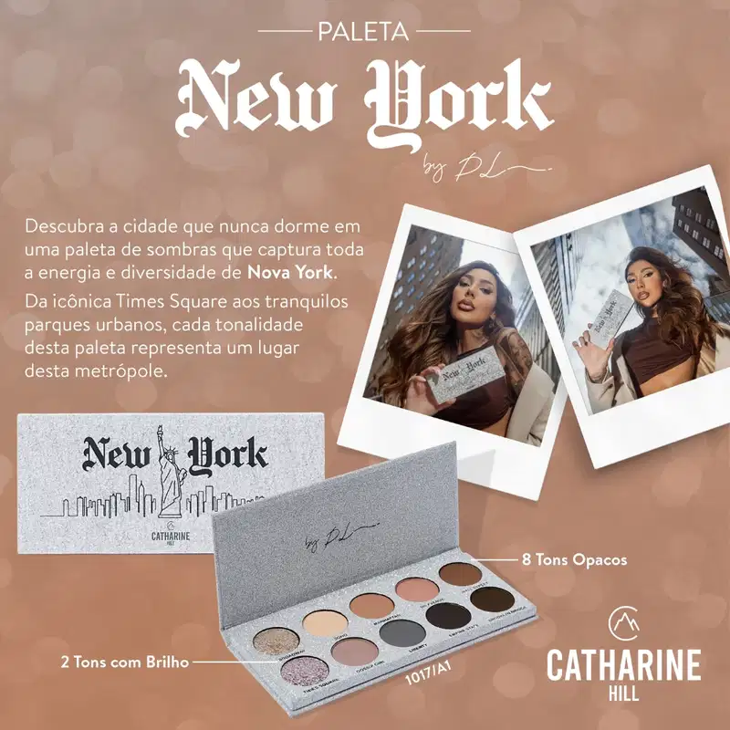 A imagem mostra a paleta de sombras, duas fotos com uma mulher segurando o produto. Ao fundo um descrição breve sobre o produto em letras brancas.