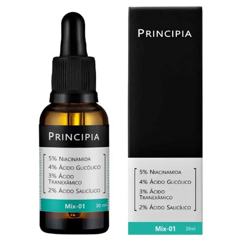 Sérum facial Principia Mix-01 (30ml), formulado com 5% de Niacinamida, 4% de Ácido Glicólico, 3% de Ácido Tranexâmico e 2% de Ácido Salicílico. Combate acne, oleosidade, textura irregular e hiperpigmentação.