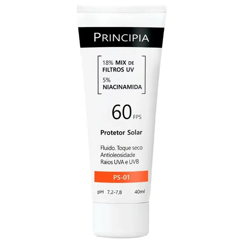 Protetor Solar FPS 60 Principia PS-01 (40ml). Fórmula fluida com toque seco e efeito antioleosidade. Protege a pele contra os raios UVA e UVB, com adição de Niacinamida.