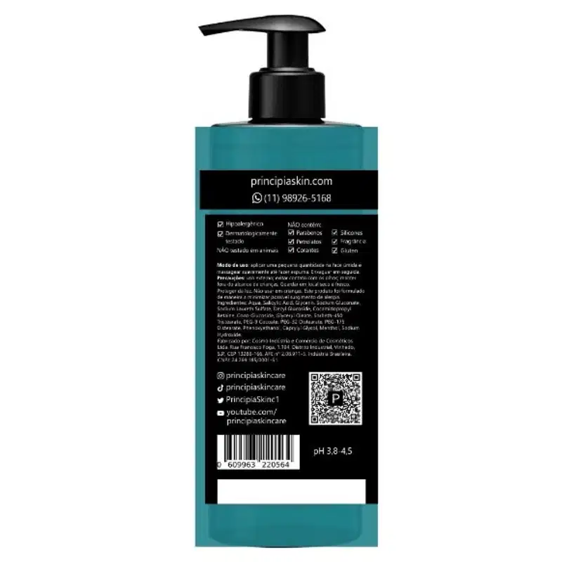 Gel de limpeza facial Principia em embalagem plástica transparente de cor verde escura. A embalagem possui bomba dosadora preta. Rótulo com o nome da marca "Principia" em letras brancas e informações sobre a composição.