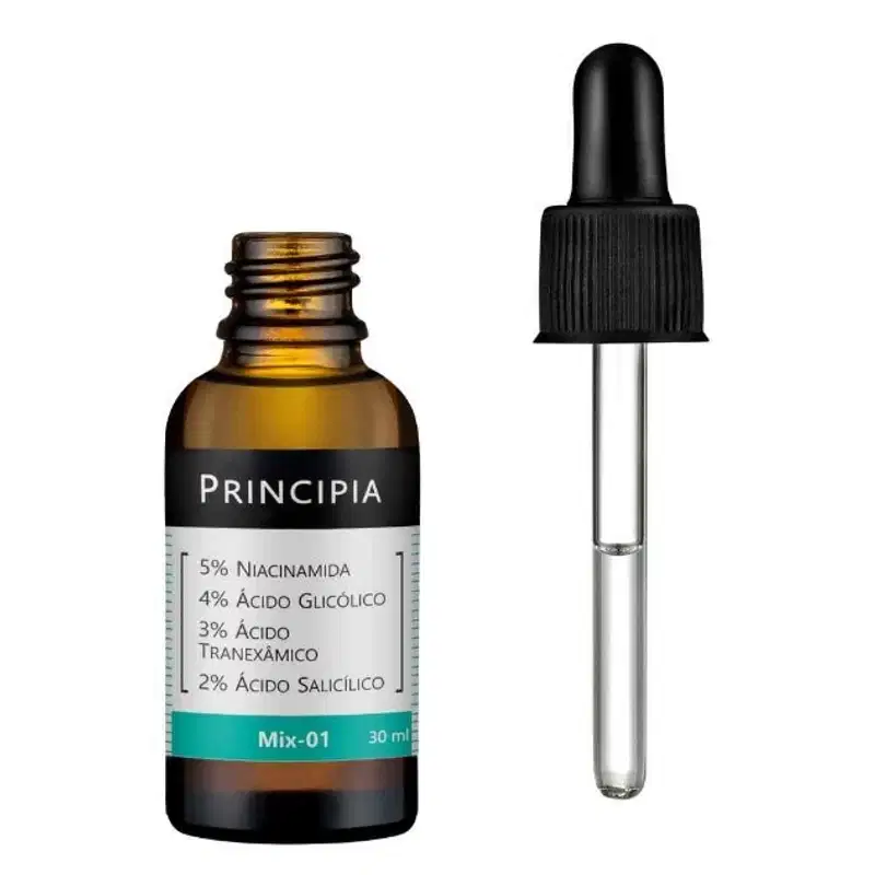Sérum facial Principia Mix-01 (30ml), formulado com 5% de Niacinamida, 4% de Ácido Glicólico, 3% de Ácido Tranexâmico e 2% de Ácido Salicílico. Combate acne, oleosidade, textura irregular e hiperpigmentação.