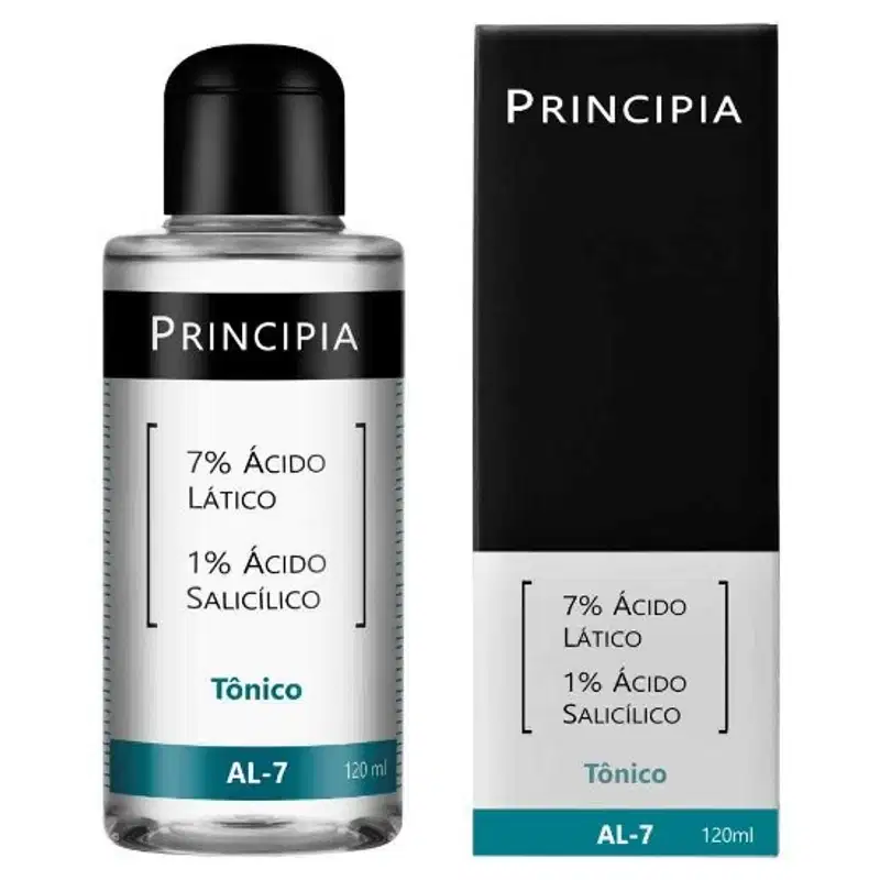 Produto tônico da marca Principia. Frasco plástico transparente com tampa preta. Rótulo branco com texto preto indicando "7% Ácido Lático, 1% Ácido Salicílico". Parte inferior do rótulo em azul com a inscrição "Tônico AL-7" e o volume de 120ml.
