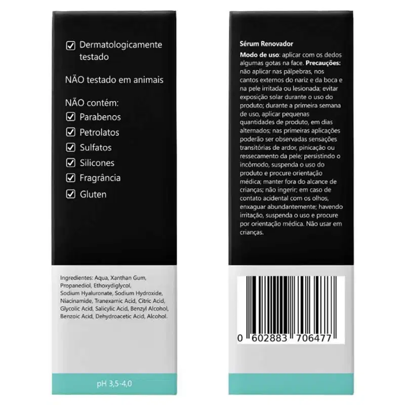 Produto dermatologicamente testado e livre de crueldade animal. Fórmula livre de parabenos, petrolatos, sulfatos, silicones, fragrâncias e glúten.