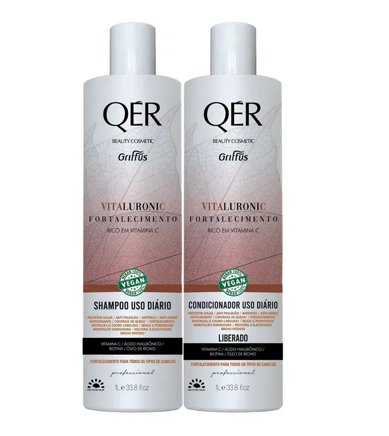Kit com shampoo e condicionador QÉR Vitaluronic da marca Griffus.