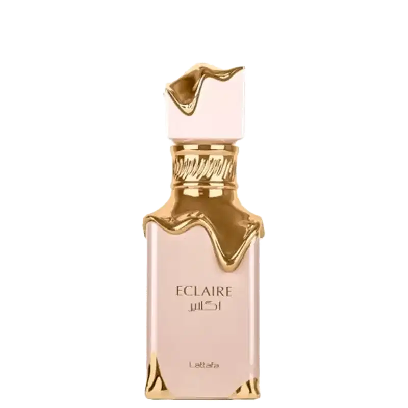 Frasco de perfume Eclaire da marca Lattafa, com embalagem em tons de rosa e dourado, apresentando um design elegante e sofisticado.