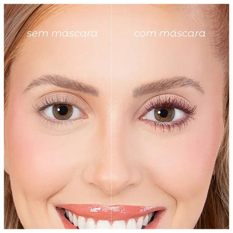 Esta imagem compara os olhos de uma mulher com e sem o uso de máscara para cílios. No lado esquerdo, vemos os cílios naturais, que parecem mais finos e curtos. No lado direito, após a aplicação da máscara, os cílios aparecem muito mais volumosos.