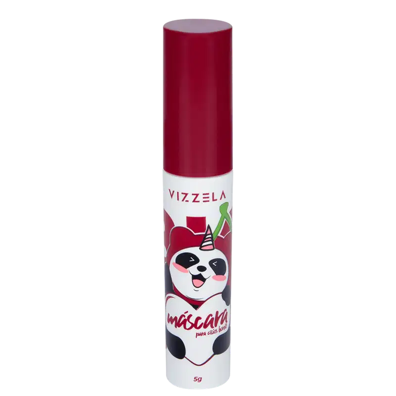 Máscara para cílios em embalagem cilíndrica vermelha com tampa vermelha. A embalagem apresenta o logotipo da marca Vizzela e a imagem de um panda estilizado. O peso líquido de 5g também está indicado na embalagem.