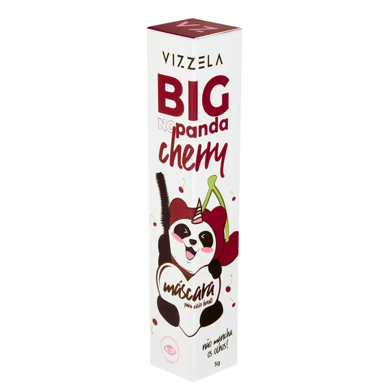 Produto de maquiagem facial em embalagem retangular. A caixa é branca com detalhes em vermelho e rosa. Apresenta a marca "Vizzela" e o nome do produto "Big No Panda Cherry Máscara" em letras grandes.