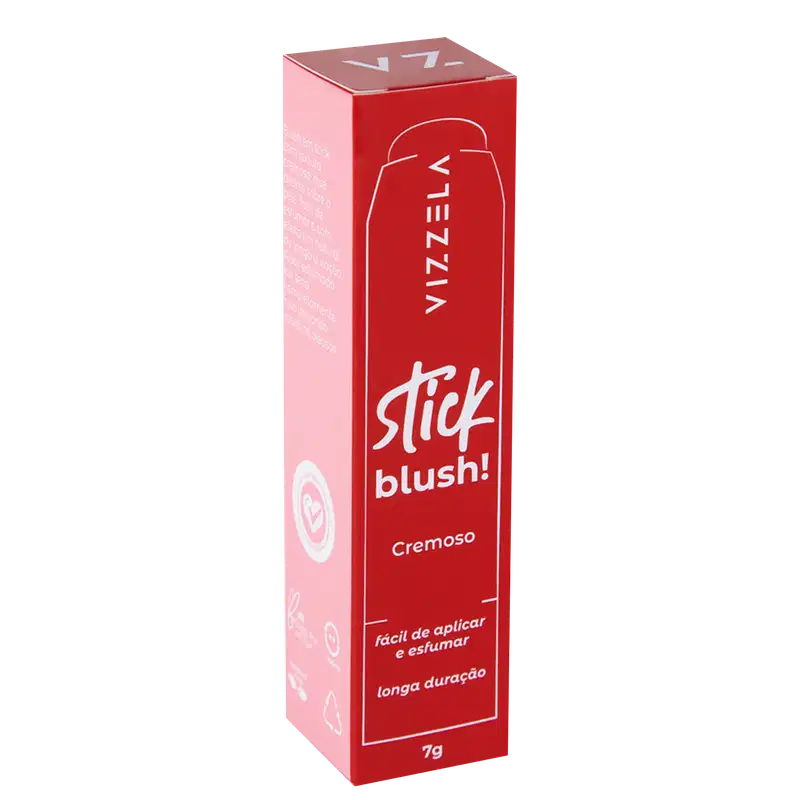 Stick blush cremoso da marca Vizzela. Embalagem retangular em tons de vermelho e rosa. Rótulo com o nome do produto "Stick blush!" em letras brancas e detalhes como "Cremoso, fácil de aplicar e estumar, longa duração".