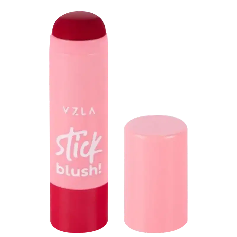 Stick blush da marca Vizzela Cosméticos. Embalagem em formato de bastão, na cor rosa claro. O bastão tem o nome da marca "Vzla" e o produto "Stick blush" escritos em letras brancas.