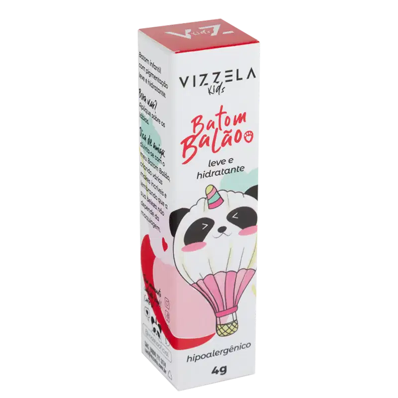 Batom Batão da linha Vizzela Kids. Embalagem retangular branca com detalhes em rosa. Ilustração de um panda em um balão de ar quente rosa e amarelo. Peso de 4g indicado.