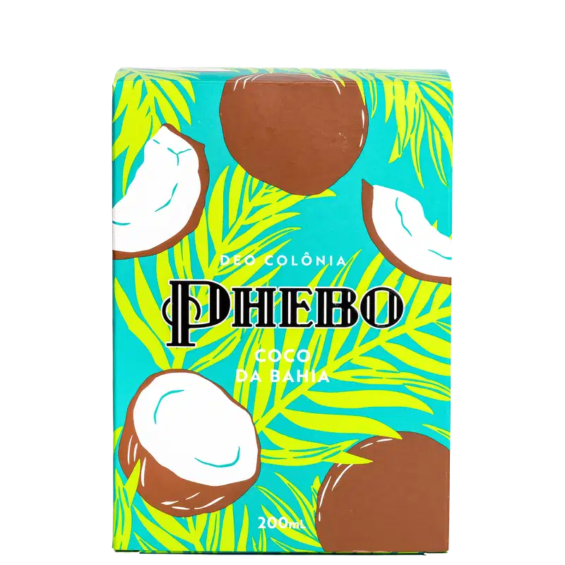 Phebo Colônia Coco Bahia, embalagem retangular com fundo turquesa e estampa de folhas de palmeira amarelas. Destaque para o nome "Phebo" em letras grandes e negras, além de ilustrações de cocos brancos e marrons. Volume de 200ml indicado na embalagem.