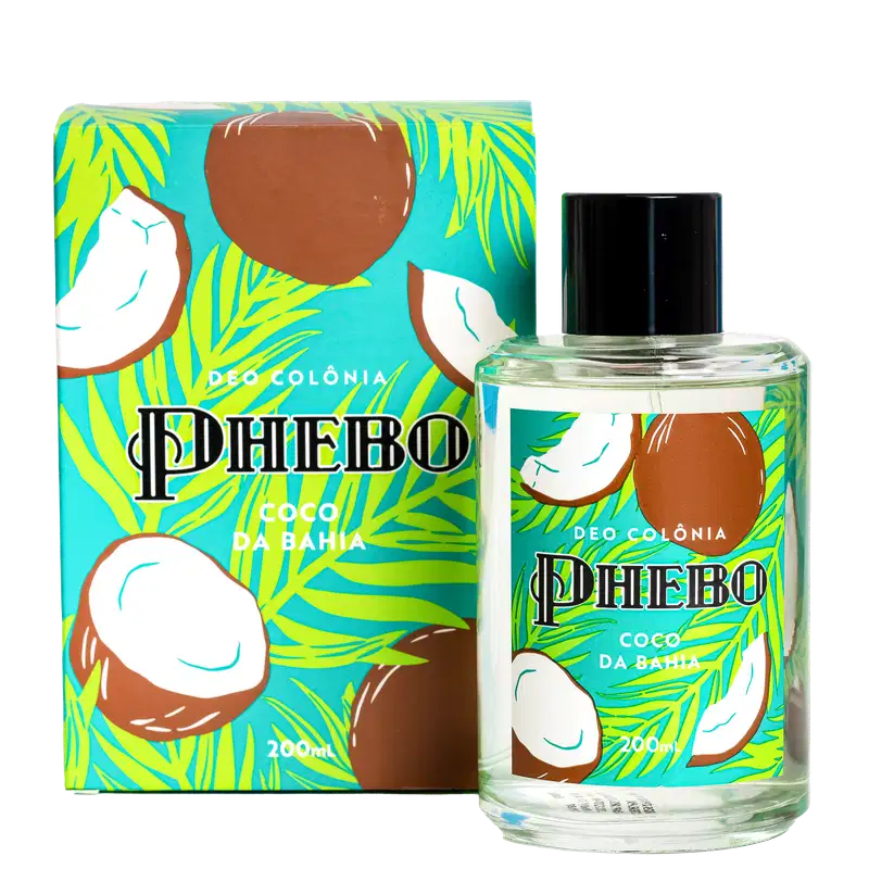Deo Colônia Phebo coco da bahia. Frasco de vidro, embalado em uma caixa retangular com fundo turquesa e detalhes em amarelo, marrom e branco. A embalagem apresenta ilustrações de cocos e folhagens tropicais estilizadas.