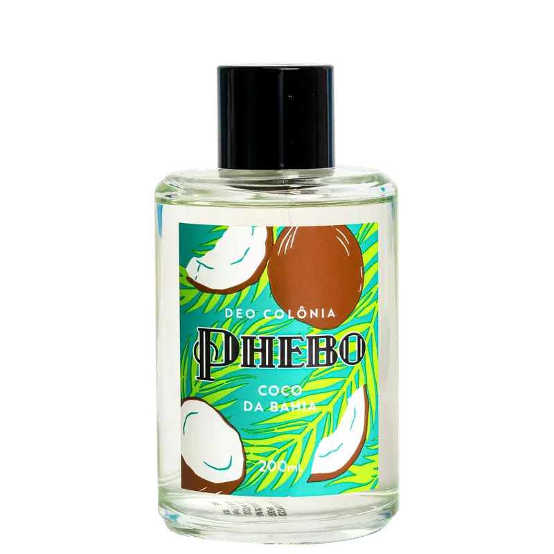 Deo colônia Phebo Coco da Bahia. Rótulo com fundo verde e detalhes em laranja, branco e amarelo. Ilustrações de coco e folhagens tropicais. Texto "Phebo" em letras grandes e "Coco da Bahia" em letras menores. Tampa preta na parte superior do frasco.