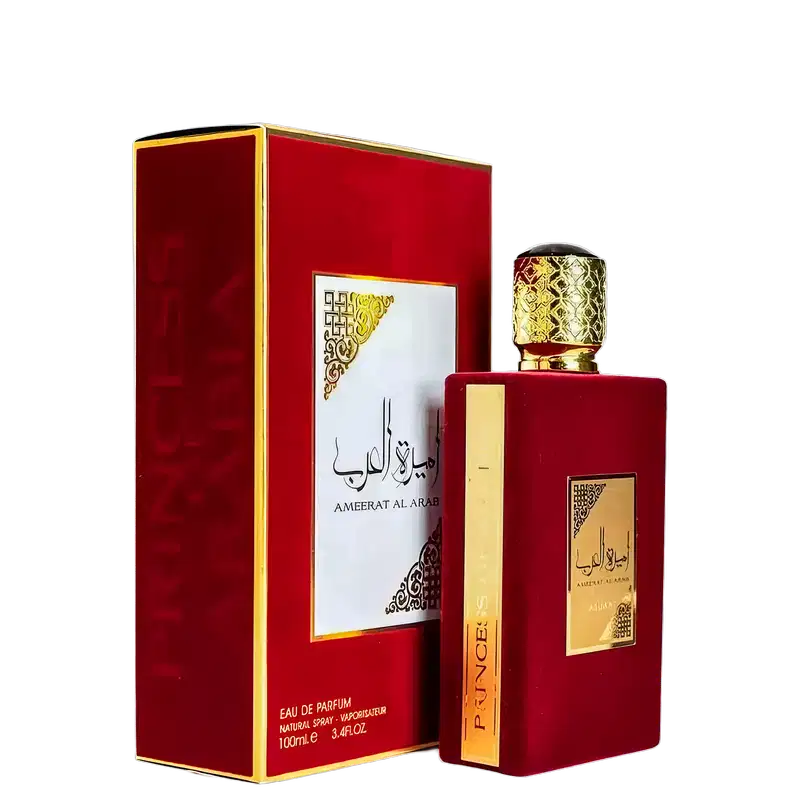 Frasco de perfume Ameerat Al Arab da marca Lattafa Perfumes, com embalagem vermelha e dourada, contendo 100ml de produto. O rótulo apresenta o nome do perfume em árabe e inglês.