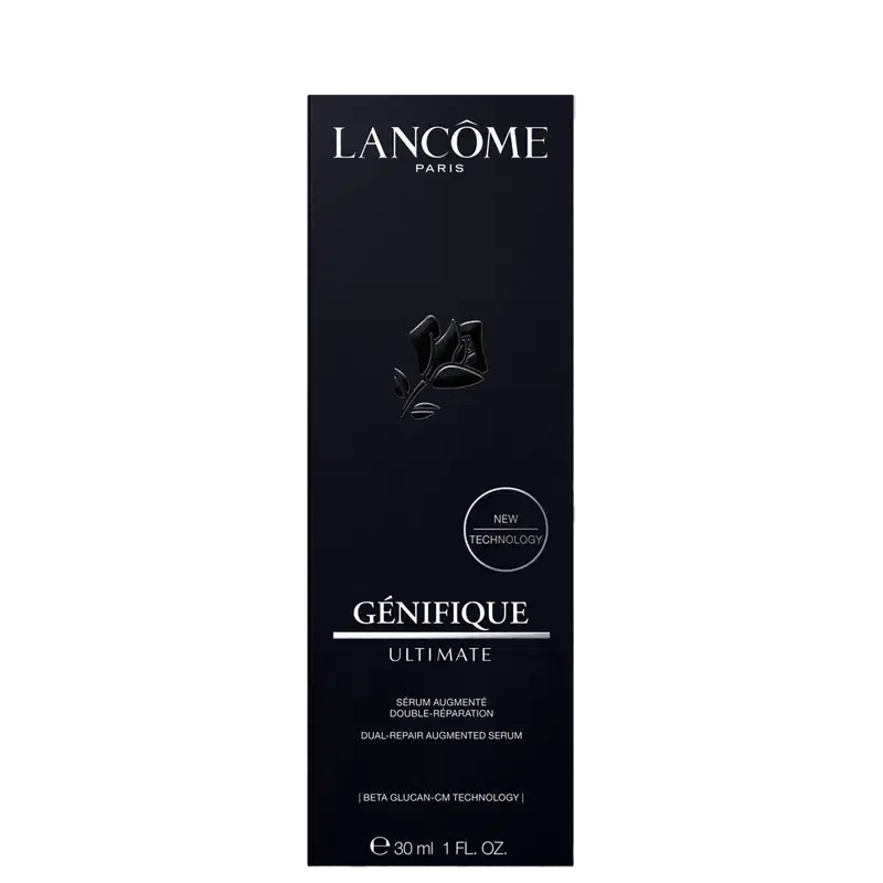 Caixa da embalagem. O rótulo destaca o nome do produto, "Génifique Ultimate", e menciona que se trata de um "Dual-Repair Augmented Serum" com tecnologia "Beta Glucan-CM". A garrafa possui 50 ml de conteúdo.