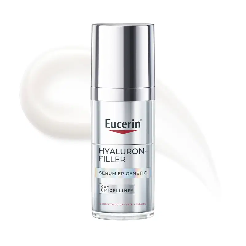 Frasco de vidro transparente com produto de cuidados para a pele da marca Eucerin, com textura cremosa, brilhante e translúcida, em embalagem com tampa prateada.