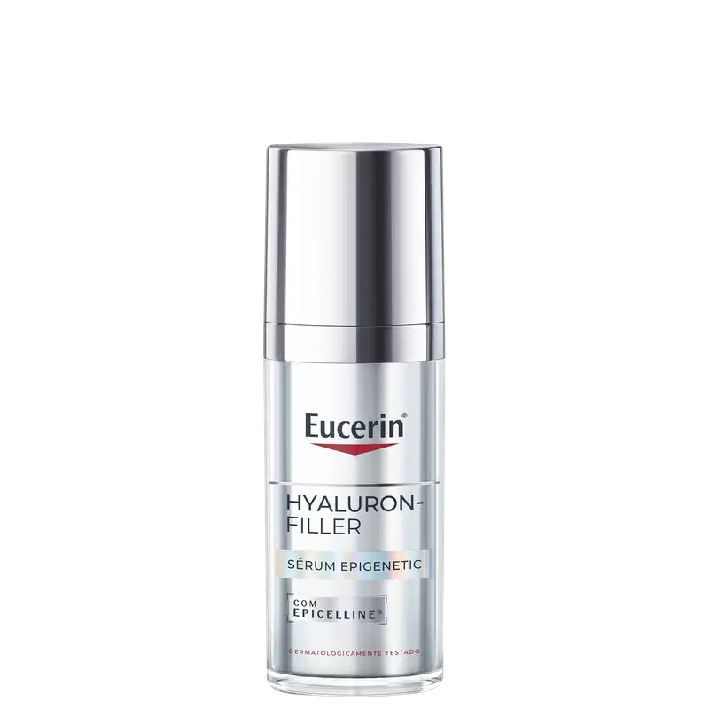 Frasco de vidro prateado com rótulo da marca Eucerin, contendo sérum epigenético Hyaluron-Filler para cuidados com a pele.