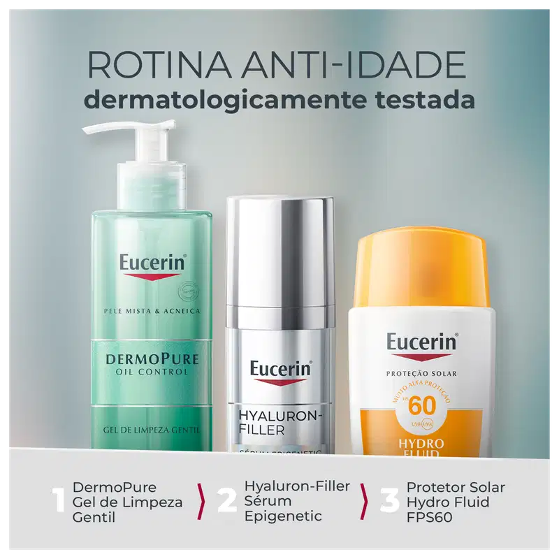 Três produtos de cuidados com a pele da marca Eucerin: gel de limpeza facial, soro antirrugas e protetor solar FPS60, com textos e embalagens visíveis.