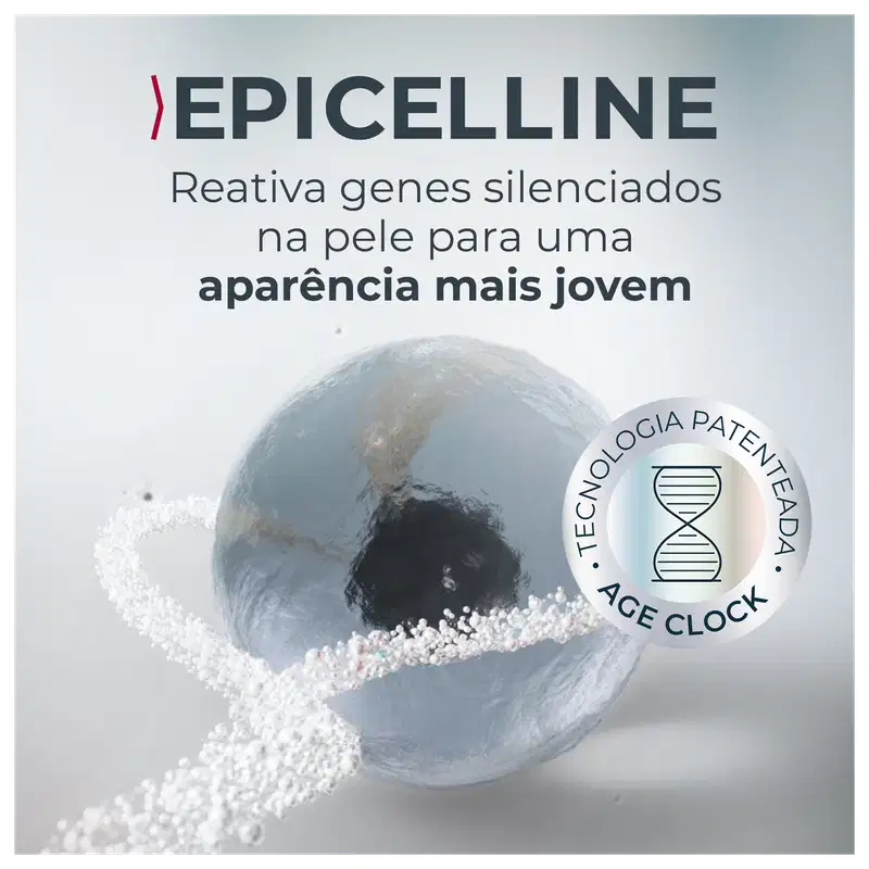 Embalagem esférica branca com texto "Epicelline" e "Reativa genes silenciados na pele para uma aparência mais jovem". Logotipo da tecnologia "Age Clock" indicando propriedades anti-envelhecimento.