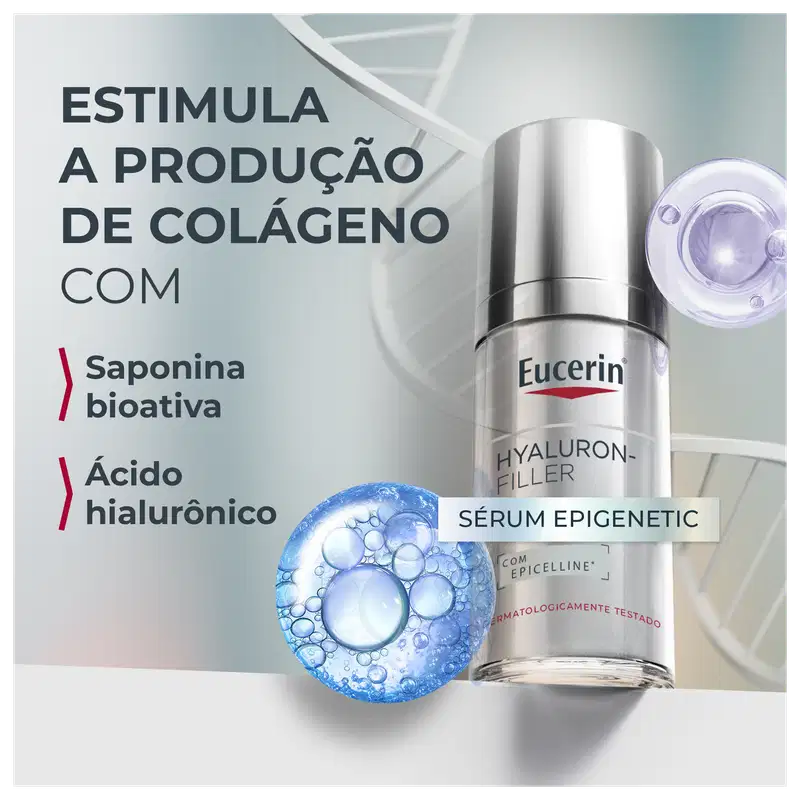 Embalagem de item de perfumaria da marca Eucerin com texto "Hyaluron-Filler" e "Sérum Epigenetic com Epicelline", além de imagem de bolhas azuis representando ácido hialurônico e saponina bioativa.