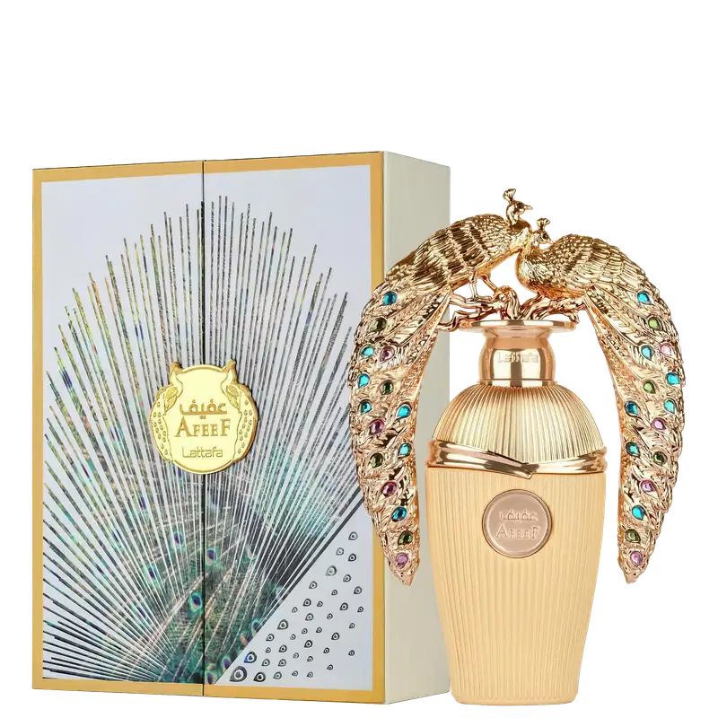Frasco de perfume Lattafa Afeef dourado com detalhes em ouro e pedras coloridas, embalado em caixa com design de penas de pavão.