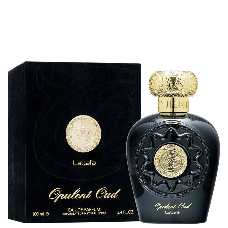 Frasco de perfume Opulent Oud da marca Lattafa, com embalagem preta e detalhes dourados. O frasco possui um design elaborado e a caixa apresenta o nome do produto em letras douradas.