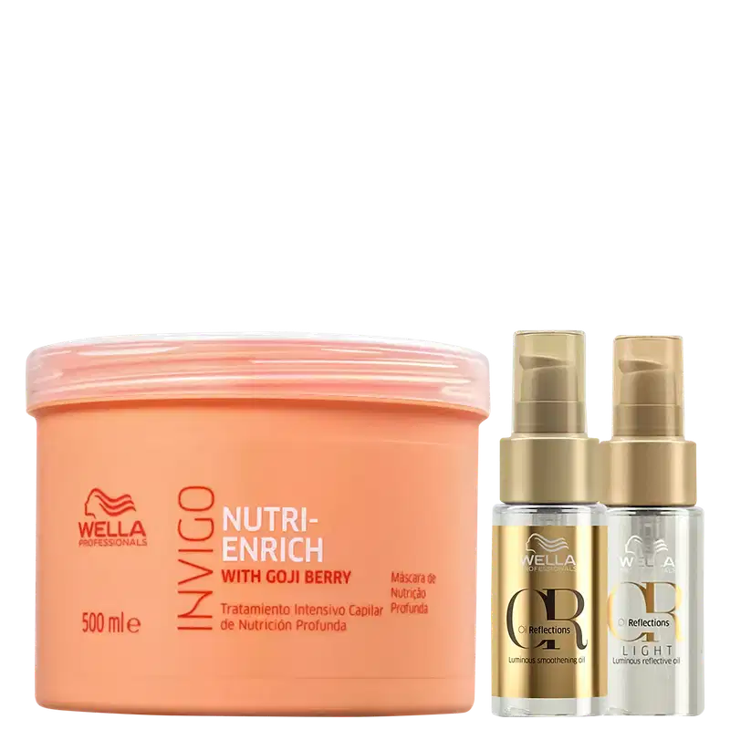 Kit Wella com Máscara Invigo Nutri-Enrich 500ml, óleo Oil Reflections 30ml, e Oil Light 30ml