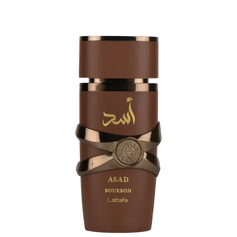 Frasco de perfume marrom da marca Lattafa Perfumes, com rótulo dourado exibindo o nome "ASAD BOURBON" e o logotipo da marca. O frasco possui um design elegante e sofisticado, com detalhes em dourado.