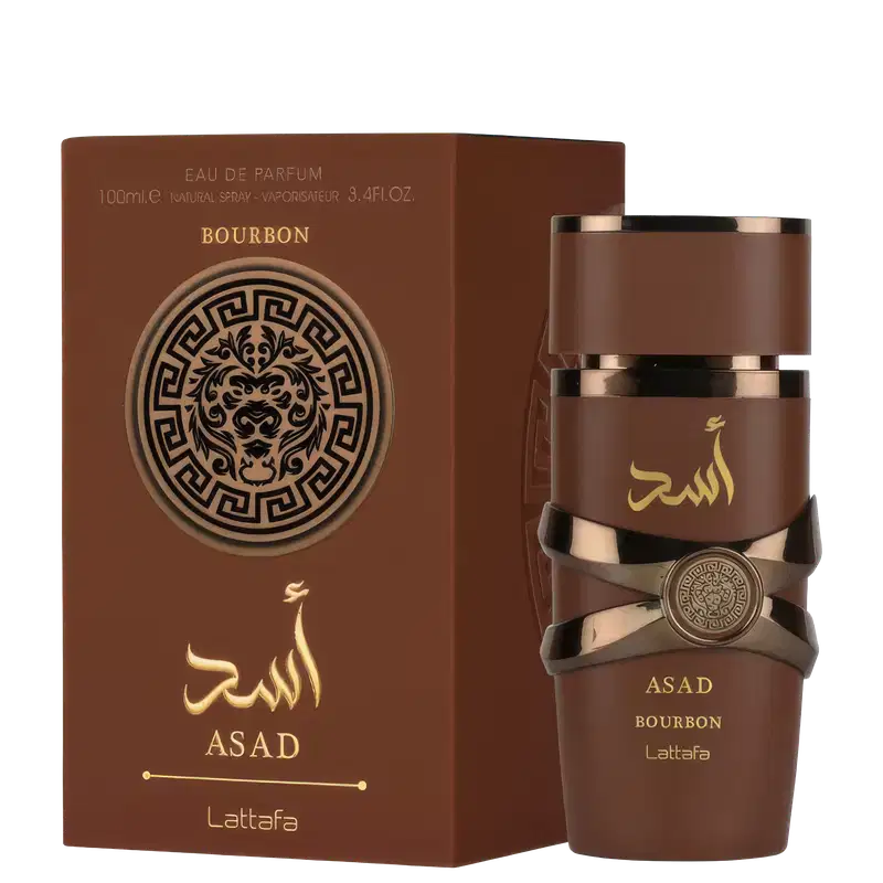 Frasco de perfume Eau de Parfum da marca Lattafa, com embalagem marrom e detalhes dourados. O rótulo exibe o nome "Asad Bourbon" em árabe e em inglês. O frasco possui um design elegante com detalhes decorativos.
