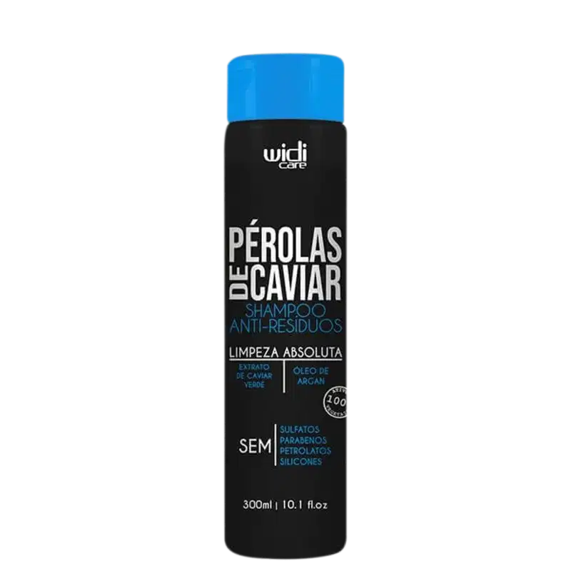Frasco preto e azul da linha Widi Care, contendo shampoo anti-resíduos de pérolas de caviar. Destaca-se o texto "Pérolas de Caviar" e informações sobre a fórmula livre de sulfatos, parabenos e silicones.