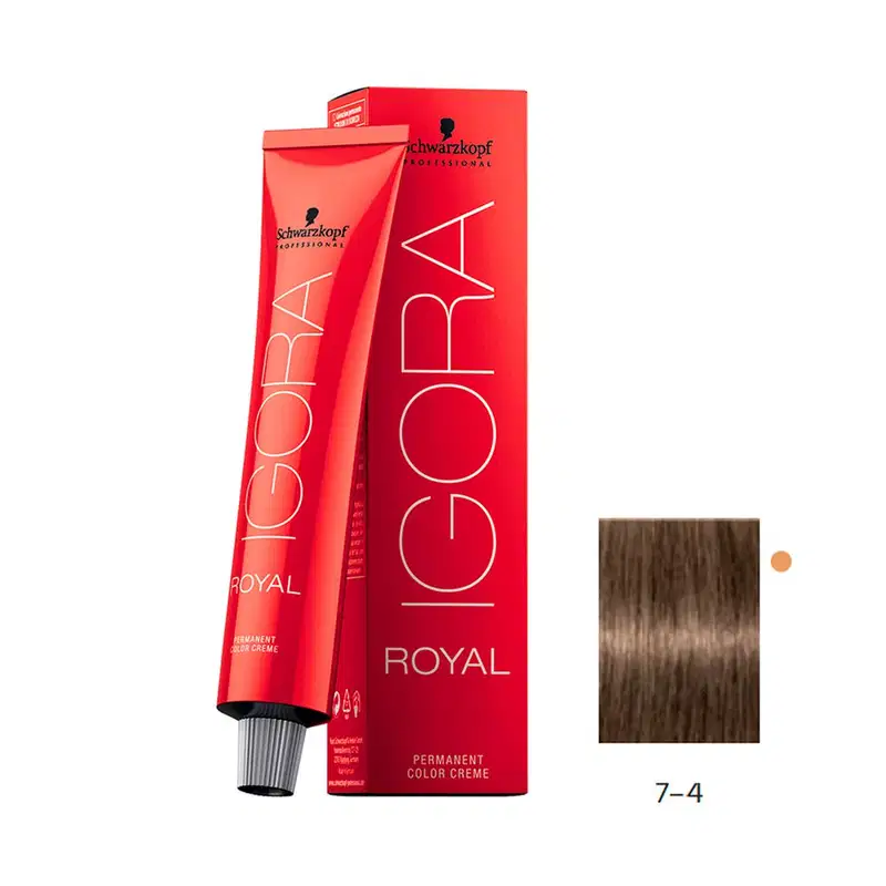 Coloração de cabelo da marca Schwarzkopf Professional, na cor vermelha, com o nome "Igora Royal" impresso em preto. O produto é descrito como uma tintura de cabelo permanente.