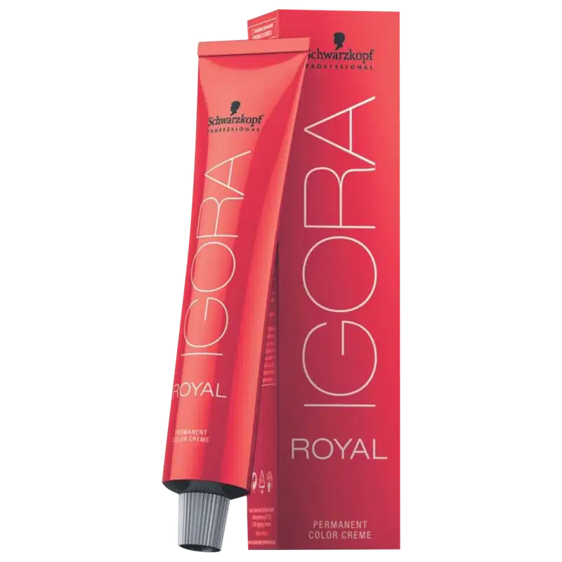 Coloração de cabelo da marca Schwarzkopf Professional, na cor vermelha, com o nome "Igora Royal" impresso em preto. O produto é descrito como uma tintura de cabelo permanente.