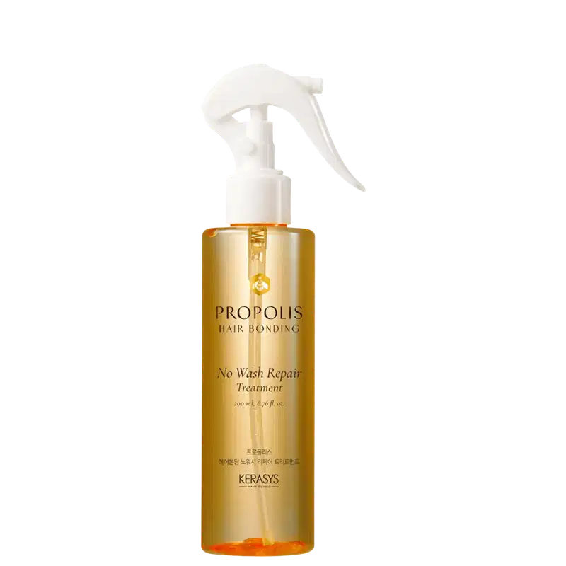 Frasco de tratamento capilar em spray da marca Kerasys, com rótulo em inglês indicando "Propolis Hair Bonding No Wash Repair Treatment".
