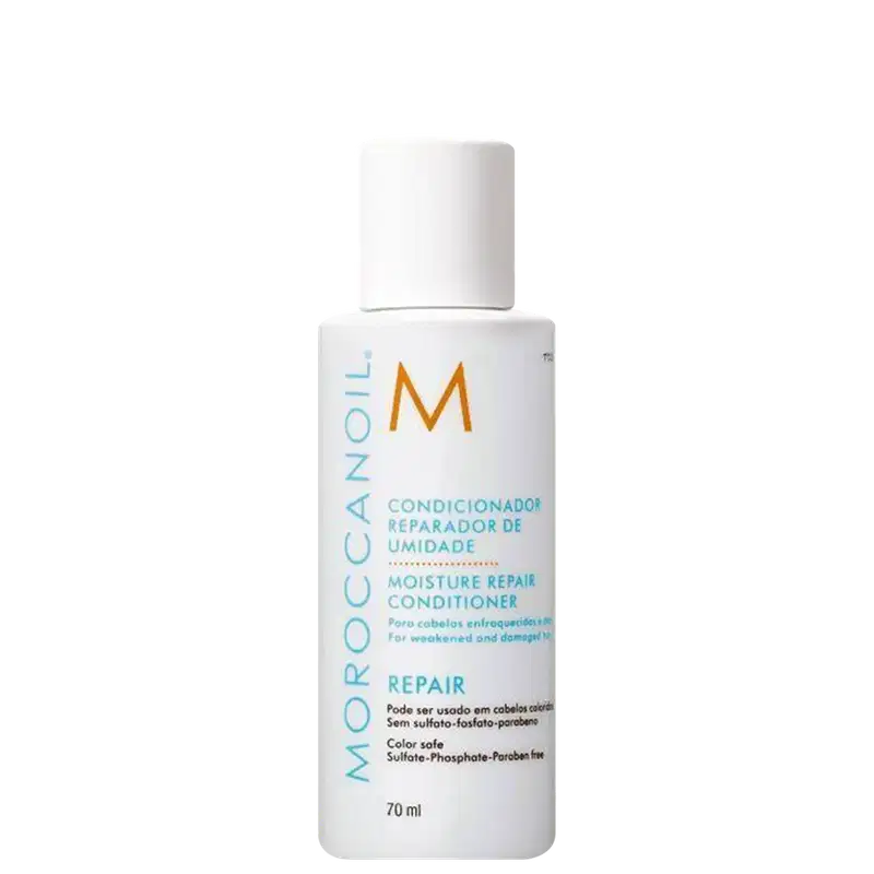Frasco branco de 70 ml do condicionador reparador de umidade da marca Moroccanoil, com rótulo em cores azul e laranja indicando o nome do produto e suas propriedades.