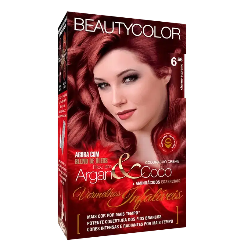 BeautyColor Argan & Coco Vermelhos Infalíveis 6.66 Louro Escuro Vermelho Profundo - Coloração Permanente 45g