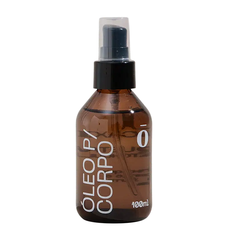 Frasco de spray de 100 ml com rótulo em preto e branco contendo a inscrição "Óleo para Corpo" em destaque.