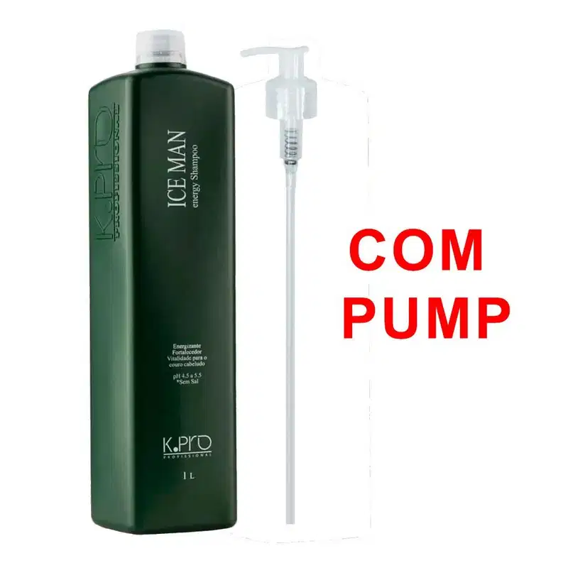 A imagem mostra um shampoo profissional da marca K.Pro chamado "Ice Man energy shampoo". É um frasco plástico verde escuro com a capacidade de 1 litro. Ao lado, há uma bomba dosadora transparente para aplicação do produto.