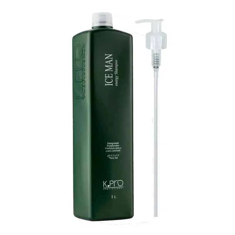 Shampoo e frasco de aplicador da linha K.Pro. O shampoo vem em uma embalagem plástica verde escura de 1 litro com o nome "Ice Man" e a marca "K.Pro" em letras brancas.