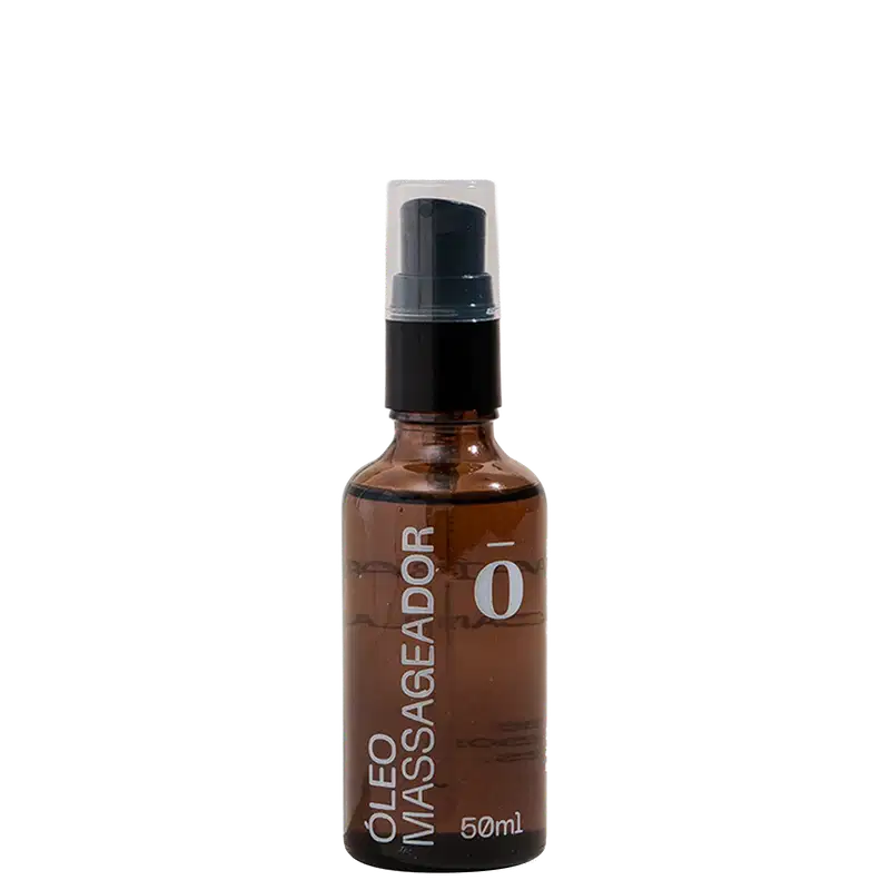 Frasco âmbar com bomba dosadora preta contendo óleo de massagem da marca Fito. Rótulo branco com o nome "Óleo Massageador"