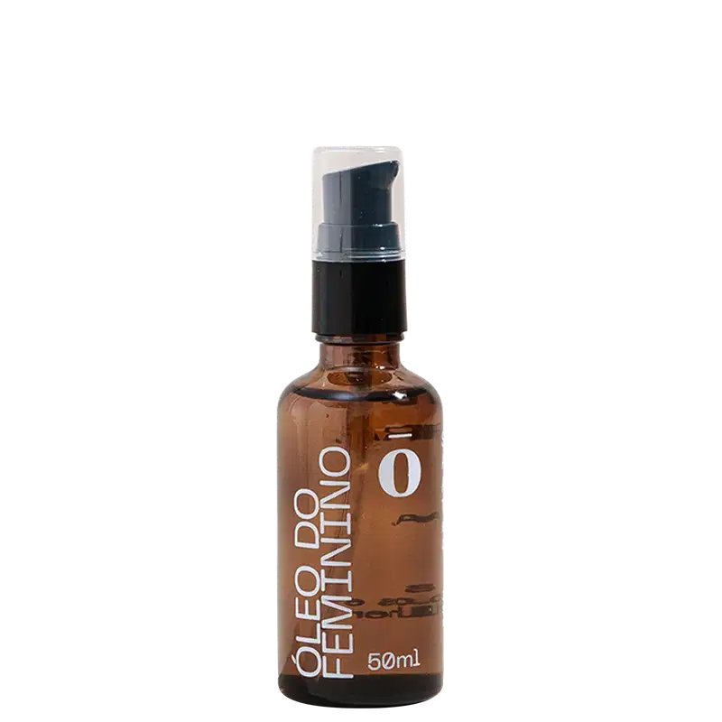 Frasco de vidro âmbar com bomba dosadora preta contendo óleo essencial da marca Fitō. Rótulo branco com texto "Óleo do Feminino" e "50ml" impresso.