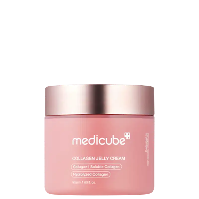 Frasco de Collagen Jelly Cream Medicube com 50ml. Embalagem rosa com tampa metalizada prateada. Rótulo branco indicando Collagen, Soluble Collagen e Hydrolyzed Collagen. Design cilíndrico elegante.
