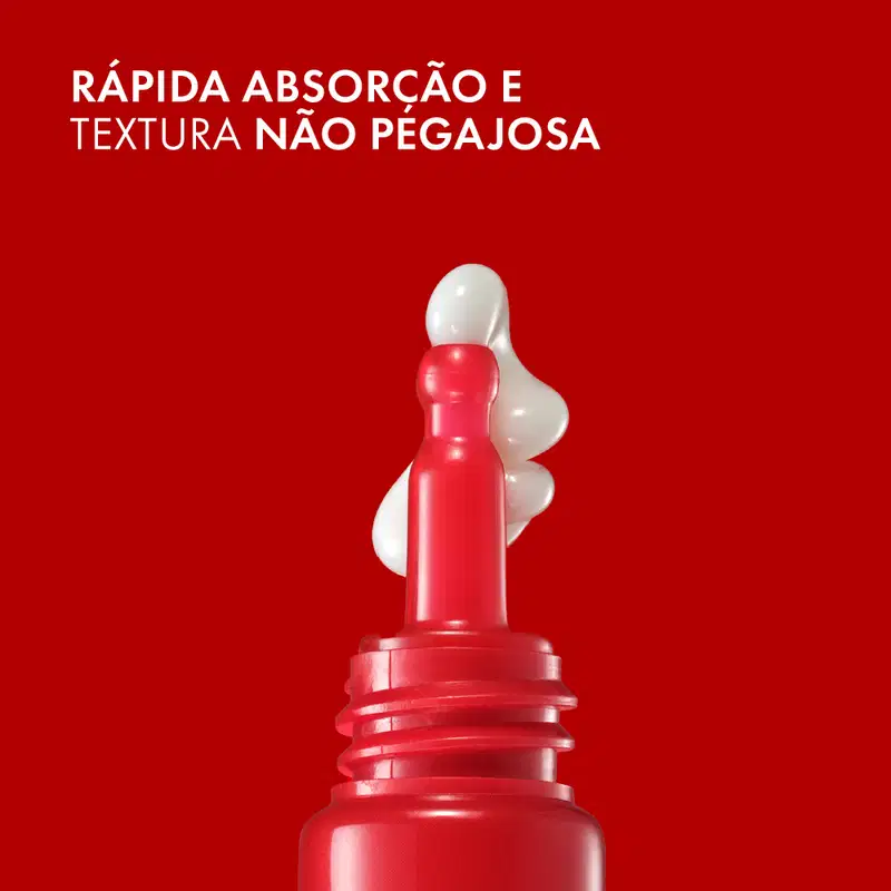 Embalagem vermelha de produto de beleza Vichy com textura e absorção rápida, sem deixar resíduos pegajosos.