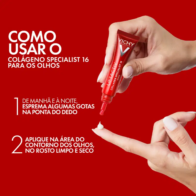 Como usar o Colágeno Specialist 16 para os olhos: 1) De manhã e à noite, espalhe algumas gotas na ponta do dedo; 2) Aplique na área do contorno dos olhos, no rosto limpo e seco.