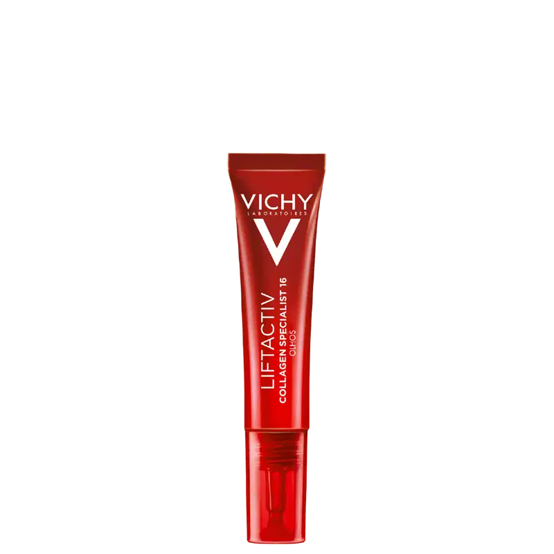 Tubo vermelho com o logotipo da Vichy e o texto "Liftactiv Collagen Specialist Olhos em letra branca.