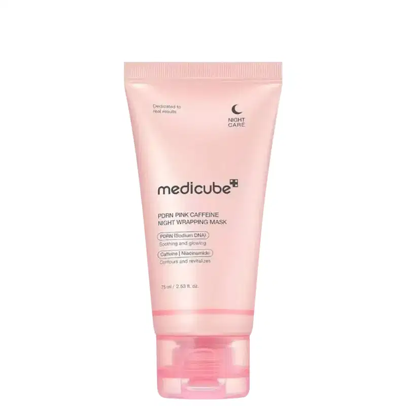 Bisnaga rosa translúcida Medicube PDRN Pink Caffeine Night Wrapping Mask, 75 ml, com tampa rosa transparente, símbolo de lua e texto "Night Care" no rótulo.